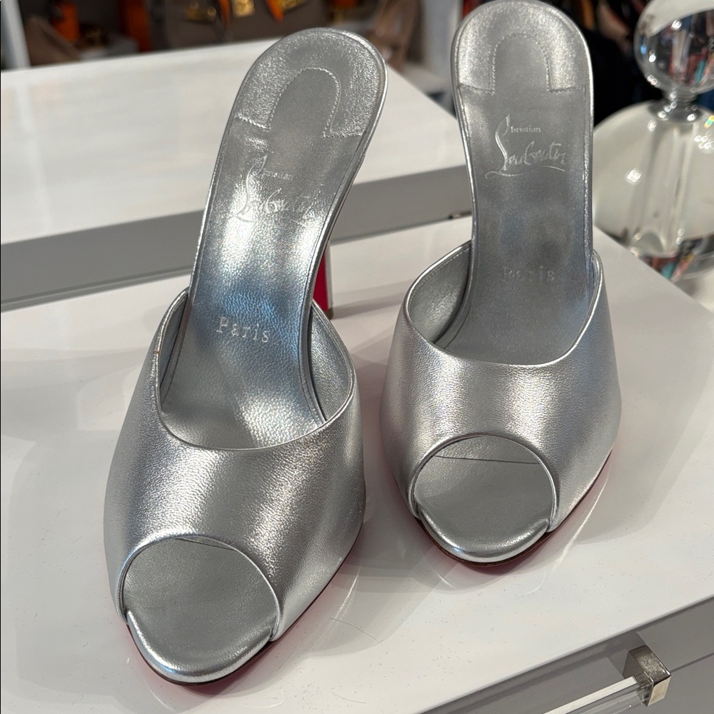 Christian Louboutin Silver Metallic Peep-Toe Mule with Red Sole